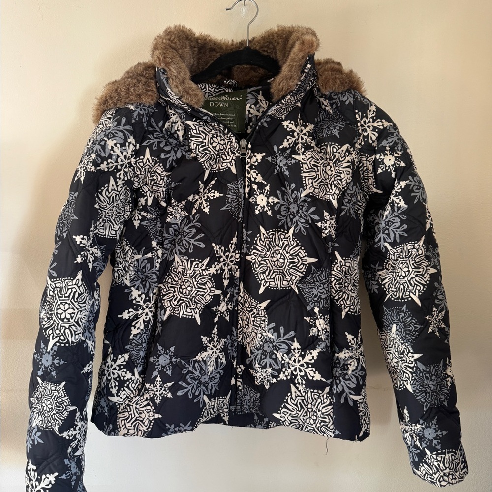 Eddie Bauer Down Black and White Snowflake Puffer Jacket